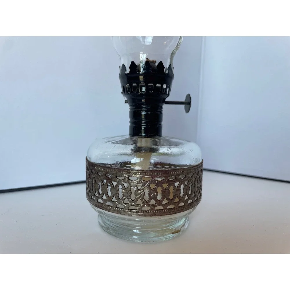 Vintage Lamplight Farms Glass Oil Lamp w/ Reticulated Metal Filigree Band 8.5
